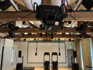 11.1.10 Dolby Atmos speaker configuration at Stanford CCRMA - from front to back view. In preparation for my Spatial Composition talk. 11.1.10 Atmos configuration at Stanford CCRMA - front stage and front height channels view. In preparation for my Spatial Composition presentation.